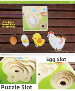 Macro detail of wooden chicken life cycle puzzle with five colorful growth stage pieces