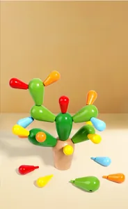 Macro shot of colorful wooden cactus building blocks with base for kids' cognitive learning