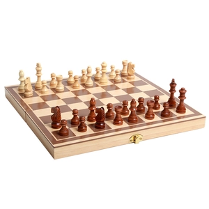 Foldable wooden chess set with premium pieces and gold metal lock for easy storage