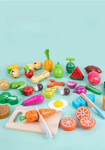 Detailed set of 31 magnetic wooden play food pieces with cutting board and toy knives