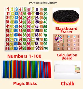 Detailed view of math learning box with wooden number tiles, clock and counting sticks