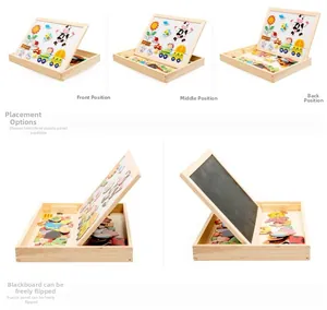 Adjustable magnetic wooden easel box with reversible double-sided board and cartoon puzzles