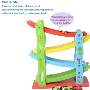 Wooden rainbow race track toy with four levels and colorful mini sliding cars
