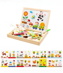 Macro detail of wooden magnetic puzzle set showing animal pieces and whiteboard on box