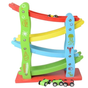 Wooden rainbow car ramp racer toy with four colorful levels and sea life patterns