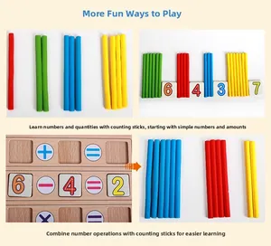 Detail of wooden math learning toy with colorful counting sticks and number blocks