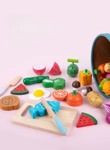 Macro detail of magnetic wooden play food set with a storage bucket for kids