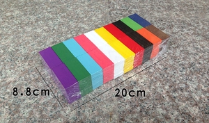 Detailed view of 100 colorful wooden domino blocks set in packaging with size dimensions