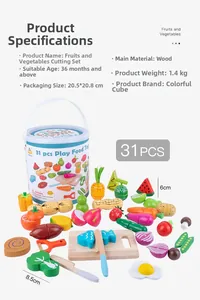 Detailed 31-piece wooden fruit and vegetable play set with cutting board and knife