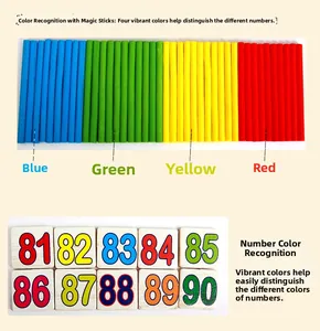 Detail view of colorful wooden counting sticks and numbered blocks for math learning