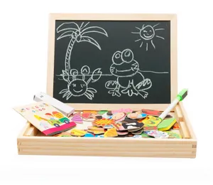 Close-up of wooden magnetic puzzle set with double-sided drawing board and farm accessories