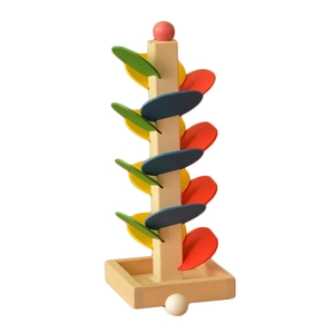 Close-up of wooden rainbow musical tree toy with colorful leaf tracks and ball runner