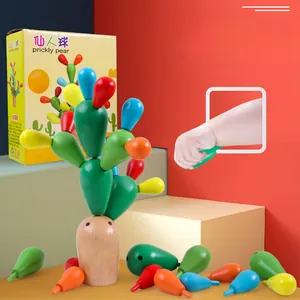 Educational wooden balancing cactus toy with colorful building blocks and packaging