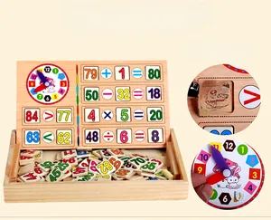 Macro view of wooden math learning board with clock, numbers, and arithmetic symbols