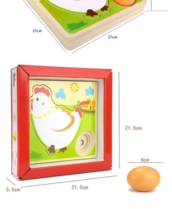 Educational wooden puzzle set showing life cycle with packaging and egg accessory