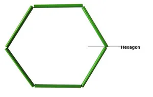 Detailed view of six green wooden counting sticks arranged in a perfect hexagon shape