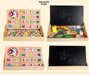Detail of multi-functional wooden math learning box with adjustable clock and counting sticks