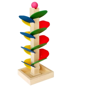 Colorful wooden marble run tree toy with spiral leaves and a small pink rolling ball