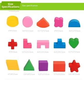 Detailed size chart showing 15 colorful wooden geometric blocks with precise dimensions