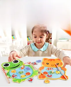 Close-up of wooden magnetic fishing toy set featuring frog and cat shaped puzzle boards