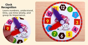 Detailed macro view of a colorful wooden educational clock featuring movable hands and numbers