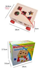 Detail of wooden intelligence box dimensions and packaging with colorful geometric blocks