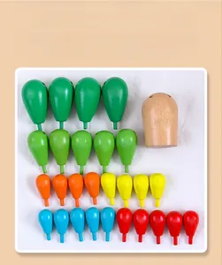 Detail view of 22 colorful wooden cactus blocks and base for toddler color recognition