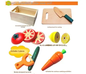 Macro view of wooden toy food set with magnetic vegetables and cutting board in a box