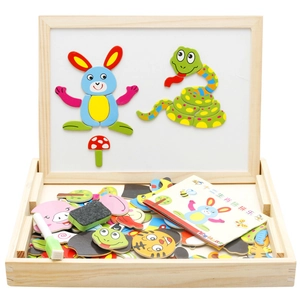 Wooden magnetic puzzle and whiteboard set with colorful animal stickers for toddlers