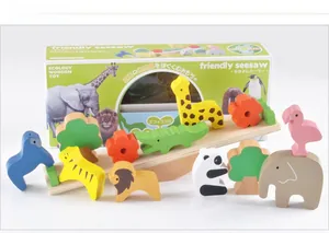 Detailed set of wooden forest animal balancing blocks with colorful stacking pieces