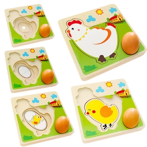 Wooden multi-layer hen life cycle puzzle showing growth stages for early education