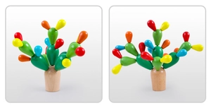 Macro detail of wooden balance cactus blocks showing colorful interlocking pieces and base