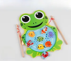 Frog-themed wooden magnetic fishing set detail with colorful marine creatures and rods