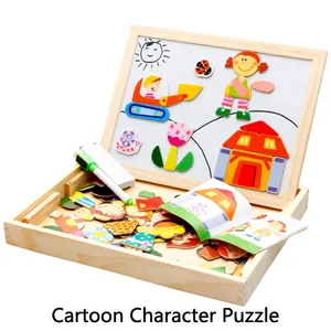 Wooden magnetic puzzle set with double-sided drawing board and cartoon character pieces