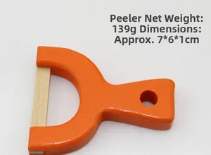 Compact orange wooden toy peeler detail, net weight 13g, size 7x6x1cm for play kitchen
