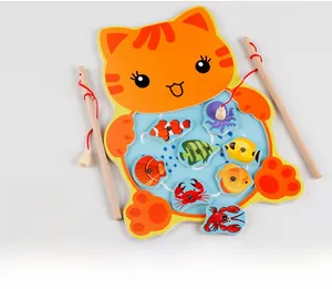 Wooden cat-themed magnetic fishing game set with rods and marine animal blocks