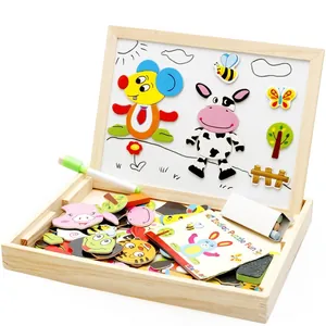 2-in-1 magnetic wooden jigsaw puzzle and double-sided drawing board for kids