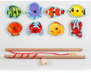 Wooden magnetic fishing toy set with 8 sea animals and 2 rods on a white background