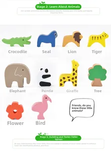 Detailed view of 10 colorful wooden forest animal and plant blocks for toddler balance games