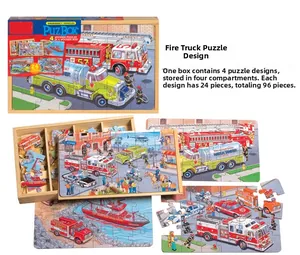 Detail of 96-piece wooden fire truck puzzle set with 4 styles and 4-compartment storage box