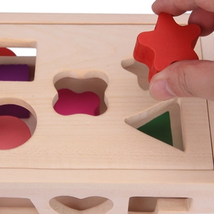 Wooden shape sorter toy truck with colorful blocks for toddler sensory development