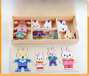 Wooden rabbit dress-up puzzle with four-compartment storage box for toddler learning