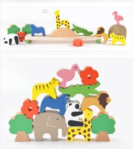 Close-up of colorful wooden forest animal blocks showing balance stacking techniques