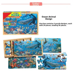 Detailed view of ocean-themed 24-piece wooden puzzles with partitioned storage box