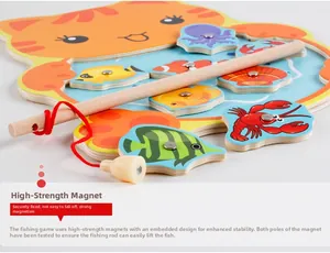 Detail of wooden magnetic fishing toy with strong magnets and colorful marine life pieces