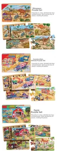 Detail view of wooden puzzle sets with 24 pieces in a four-compartment storage box
