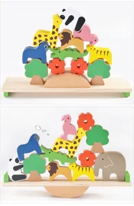 Detailed view of colorful wooden animal blocks stacked on a balance seesaw base