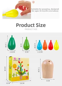 Detailed view of colorful wooden cactus balance blocks and packaging dimensions