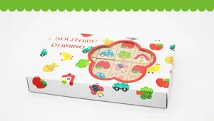 Close-up of wooden animal domino set in white packaging box with floral window