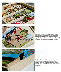 Detailed view of wooden puzzle set showing 4 themes and sliding storage box lid
